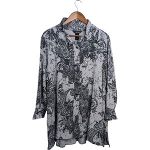 Ali Miles Tunic Top 1X Gray Wire Neck Paisley Artsy Lagenlook Crinkle Textured